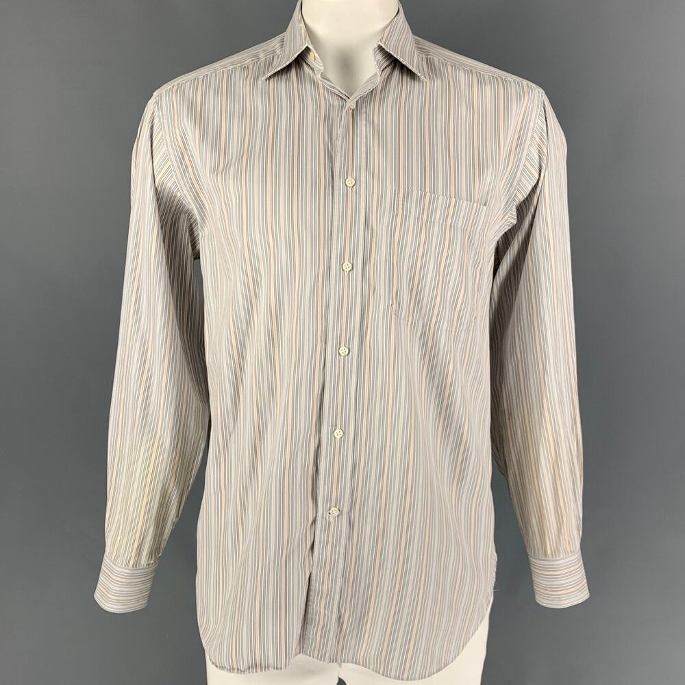 ERMENEGILDO ZEGNA Size L White Blue Stripe Cotton Button Up Long Sleeve Shirt